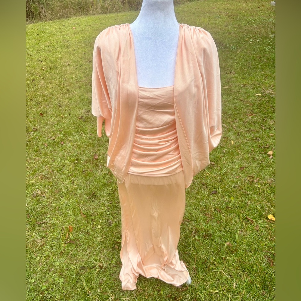 Vintage Peachy Ruched Gown and Jacket with Open Back Split Side 70s Size 12